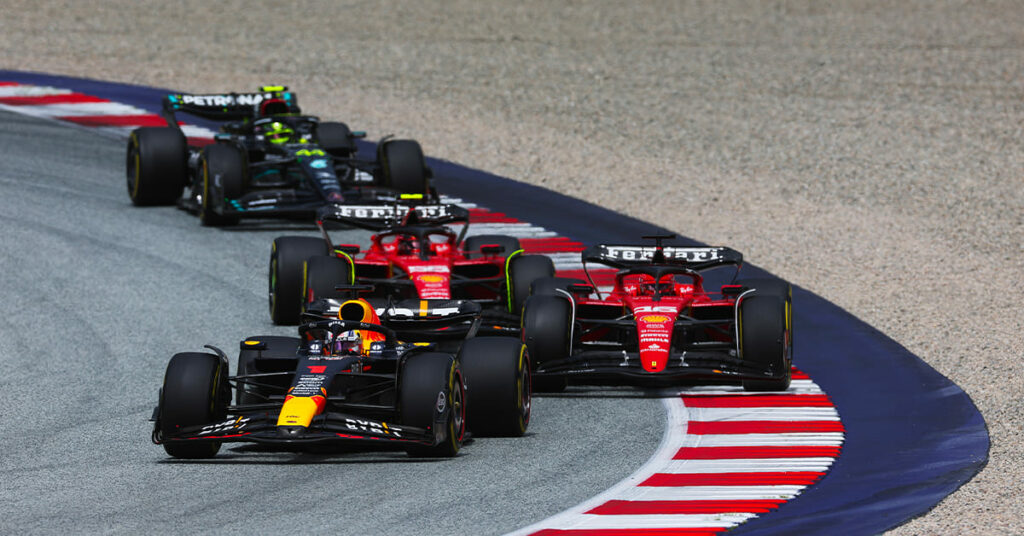 Verstappen (Red Bull), Leclerc (Ferrari), Sainz (Ferrari) et Hamilton (Mercedes), Autriche 2023 - ©️ Red Bull Content Pool