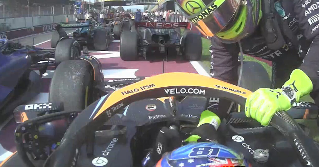 Hamilton (Mercedes) s'excuse auprès de Piastri (McLaren), Italie 2023 - ©️ F1TV